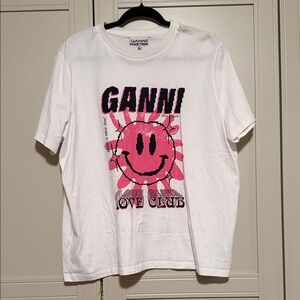 Ganni White Tee with Pink Smiley Sun Graphic